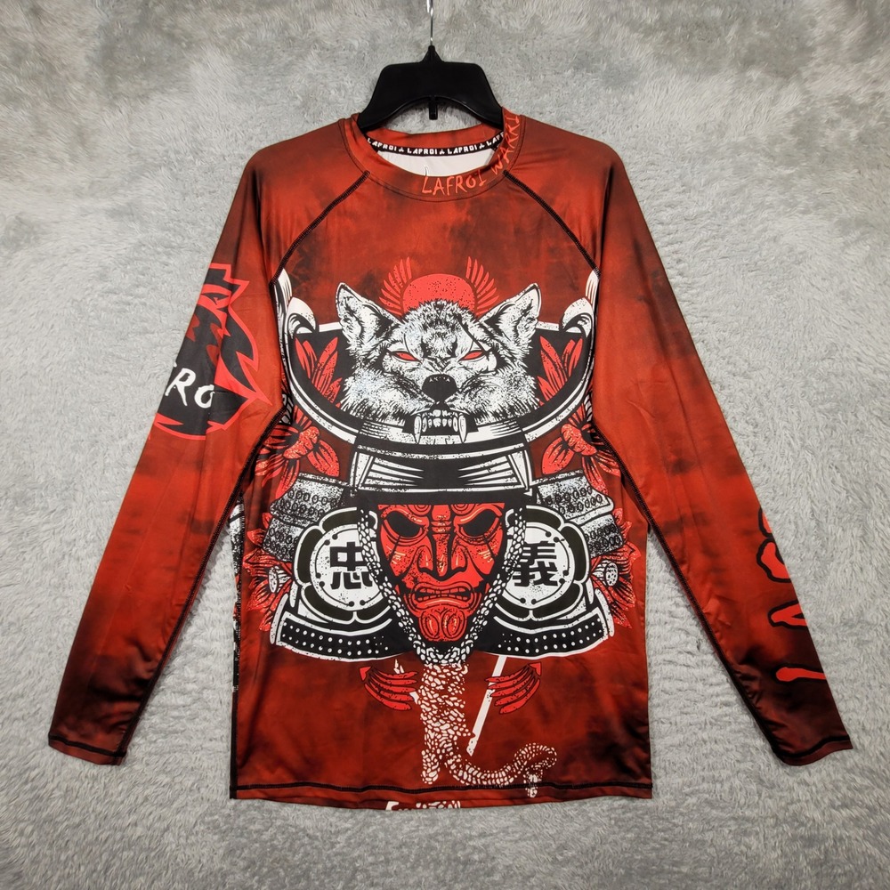 LAFROI Rash Guard Shirt Mens XL Red Samurai Wolf Graphic Long Sleeve Compression